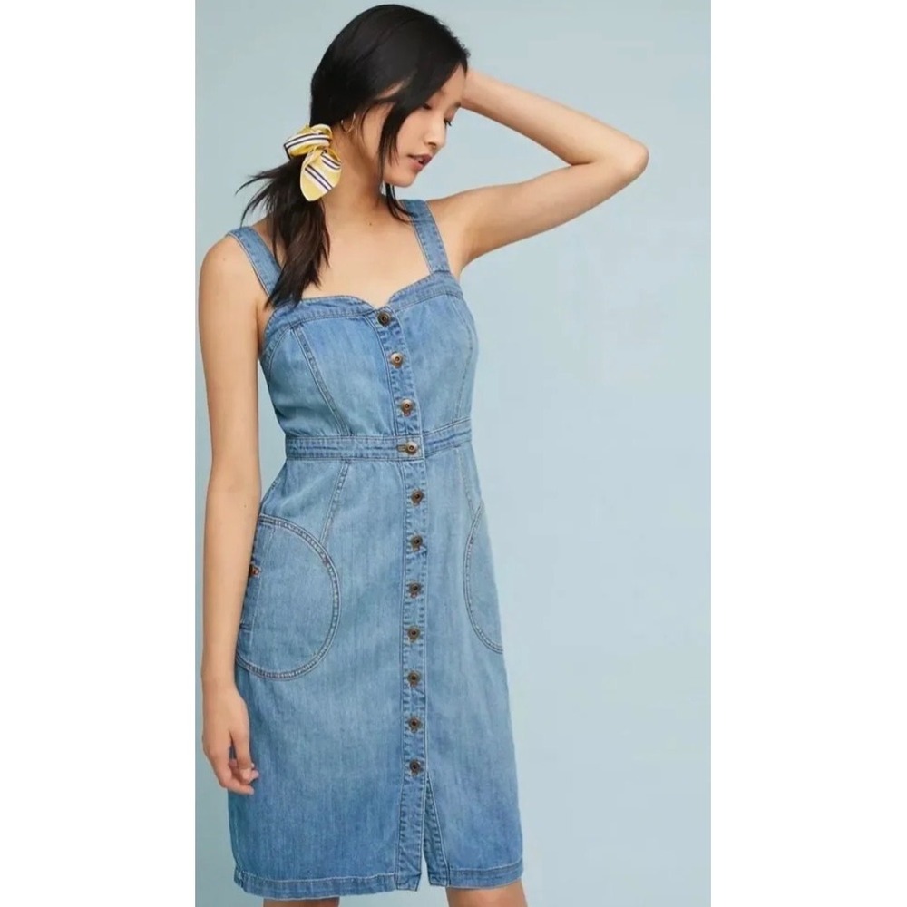Pilcro Anthropologie Denim Button Front Pinafore Dress Blue Size 12